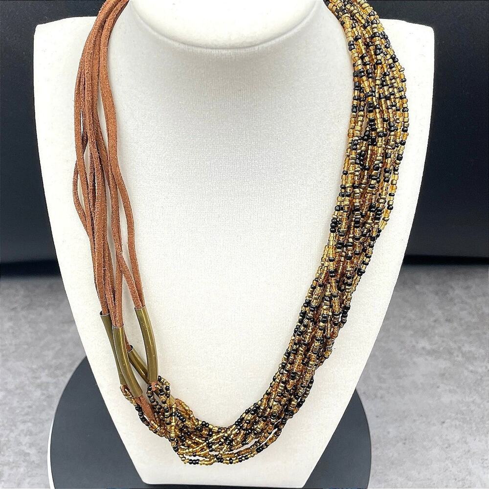 Vintage Multi Strand Seed Bead Necklace Brown Cord Brass Tube Asymmetric Bib 90s
